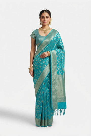 Elegant Teal Blue Banarasi Silk Saree With Intricate Zari Weaving And Tassel Detail