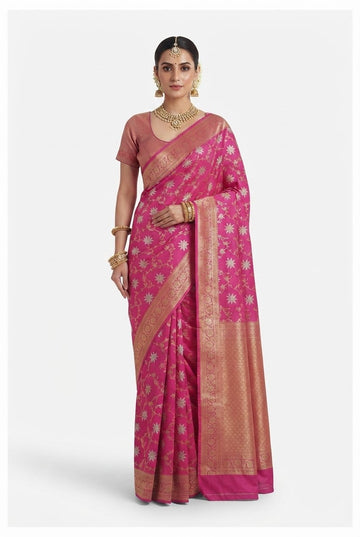 Elegant Rani Pink Banarasi Silk Saree With Intricate Gold Zari Jaal Work