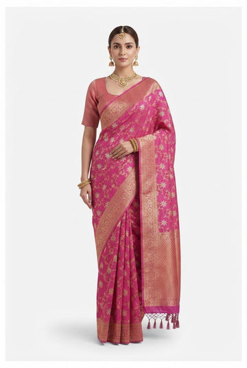 Elegant Rani Pink Banarasi Silk Saree With Gold Zari Floral Jaal And Tassels