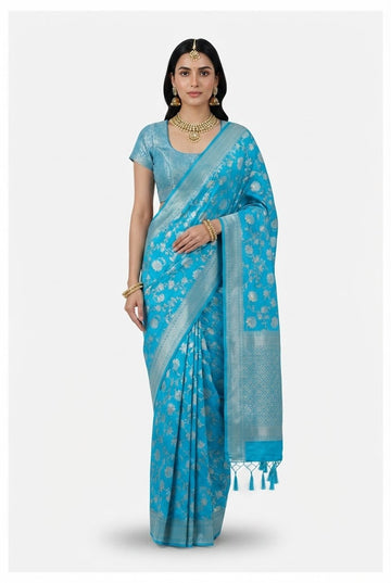 Turquoise Blue Banarasi Silk Saree With Elegant Silver Zari Woven Floral Jaal