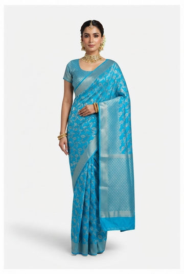 Elegant Sky Blue Banarasi Art Silk Saree With Silver Zari Woven Floral Jaal