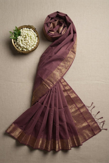 Elegant Mauve Handloom Cotton Saree With Golden Zari Border
