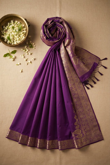 Elegant Purple Silk Saree With Ornate Gold Zari Border