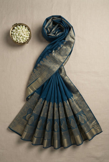 Elegant Teal Blue Banarasi Silk Saree With Rich Golden Zari Work