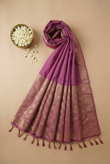 Elegant Mauve Purple Banarasi Silk Saree With Rich Golden Zari Border