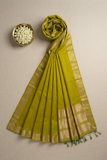 Elegant Chartreuse Green Handloom Silk Cotton Saree With Zari Border