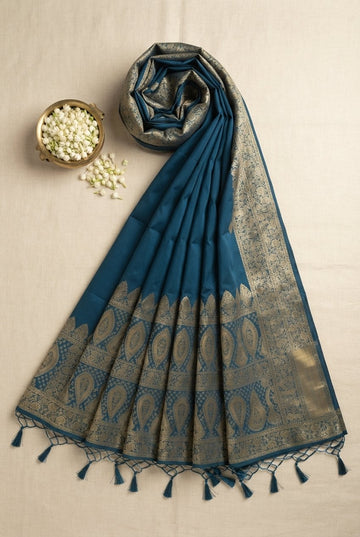 Elegant Teal Blue Silk Saree With Traditional Gold Zari Border