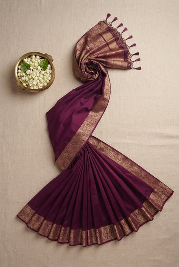 Elegant Deep Purple Silk Blend Saree With Intricate Golden Zari Border