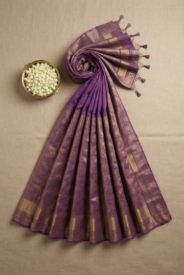 Elegant Purple Linen Blend Saree With Golden Zari Border And Tassels