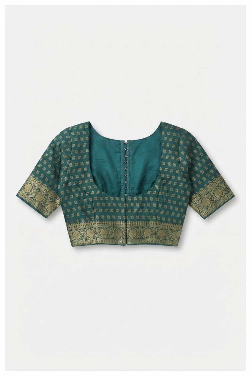 Elegant Deep Teal Green Silk Saree With Ornate Golden Zari Border And Tassels