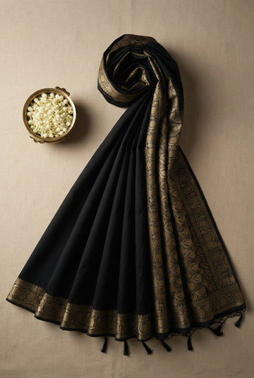 Elegant Black And Gold Banarasi Silk Saree With Heavy Zari Floral Jaal Work