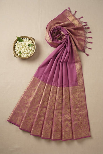 Elegant Mauve Cotton Silk Saree With Traditional Golden Zari Border And Tassels