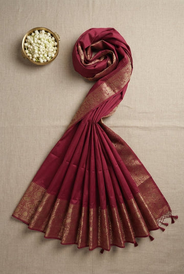 Elegant Deep Magenta Silk Blend Saree With Ornate Golden Zari Border