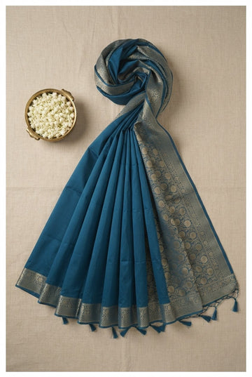 Elegant Teal Blue Silk Cotton Saree With Rich Golden Zari Border And Tassels