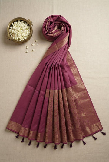 Elegant Plum Mauve Banarasi Silk Blend Saree With Golden Zari Border