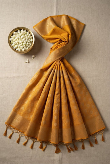 Elegant Mustard Yellow Banarasi Silk Saree With Rich Gold Zari Work