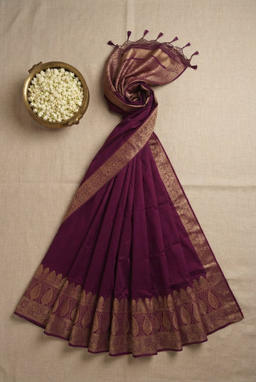 Elegant Deep Plum Purple Cotton Saree With Golden Zari Paisley Border