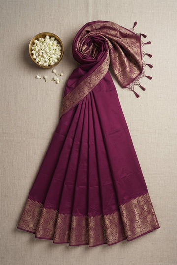Elegant Deep Magenta Cotton Silk Saree With Royal Gold Zari Border