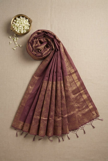 Elegant Dusty Mauve Cotton Silk Saree With Rich Golden Zari Border