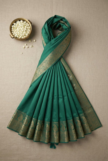 Elegant Teal Green Banarasi Style Silk Blend Saree With Golden Zari Border