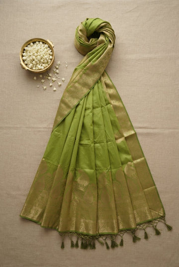 Elegant Olive Green Cotton Silk Saree With Rich Golden Zari Borders And Paisley Motifs