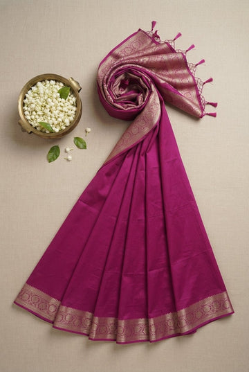 Elegant Magenta Banarasi Silk Saree With Ornate Gold Zari Border And Pallu
