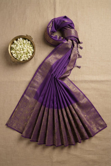 Elegant Purple Banarasi Silk Blend Saree With Intricate Gold Zari Border