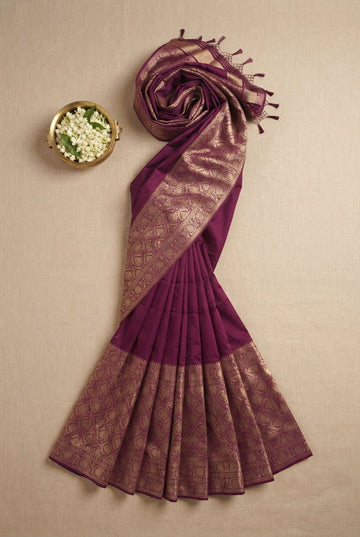 Elegant Plum Purple Cotton Silk Saree With Rich Golden Zari Border