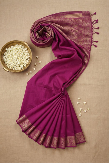 Elegant Magenta Silk Saree With Rich Gold Zari Border And Paisley Pallu