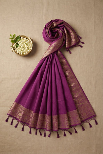 Elegant Purple Linen Silk Saree With Rich Gold Zari Border