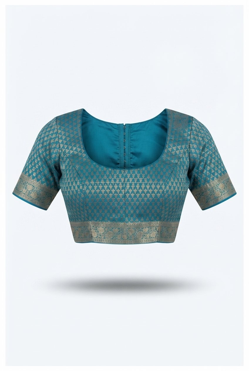 Elegant Teal Blue Silk Blend Saree With Rich Golden Zari Woven Border And Paisley Motifs