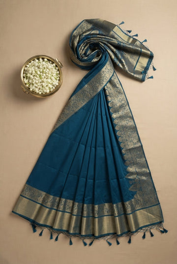 Elegant Peacock Teal Silk Saree With Traditional Gold Zari Border