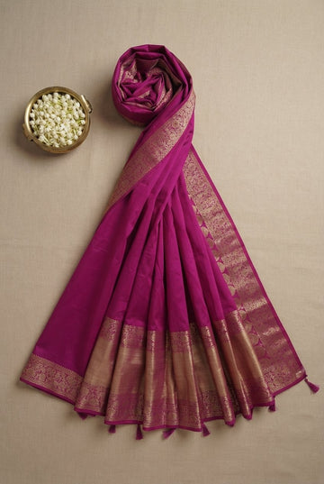 Elegant Magenta Silk Saree With Intricate Gold Zari Border And Pallu