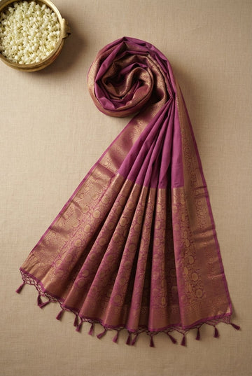 Elegant Mauve Pink Silk Saree With Golden Zari Circular Motifs
