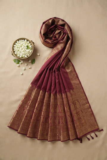 Elegant Wine Maroon Art Silk Saree With Rich Golden Zari Border