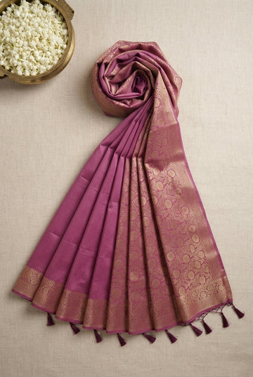 Elegant Mauve Silk Blend Saree With Golden Zari Floral Border