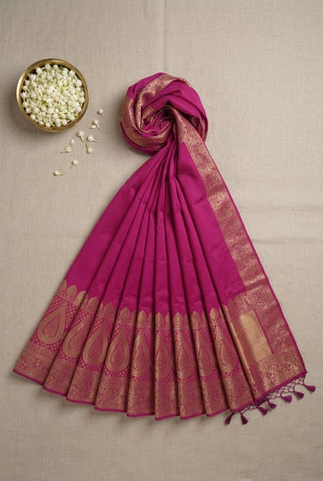 Elegant Magenta Pink Cotton Silk Saree With Rich Golden Zari Paisley Border