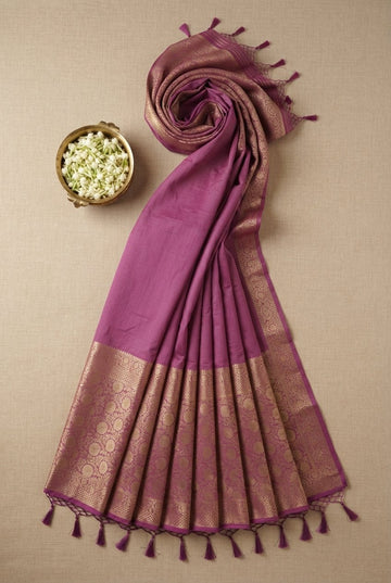 Elegant Mauve Cotton Silk Saree With Traditional Gold Zari Border