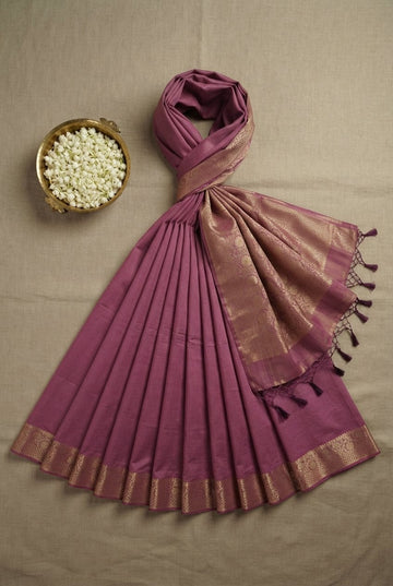 Elegant Mauve Handloom Cotton Silk Saree With Rich Gold Zari Border
