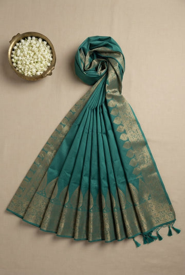 Elegant Teal Green Silk Blend Saree With Golden Zari Border