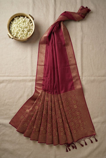 Royal Crimson Cotton Silk Saree With Elegant Gold Zari Border And Floral Motifs