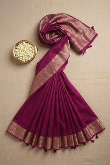 Elegant Magenta Cotton Silk Saree With Rich Golden Zari Border And Tassels