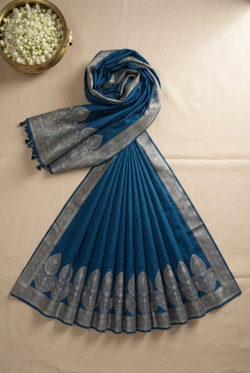 Prussian Blue Handloom Linen Silk Saree With Elegant Silver Zari Border