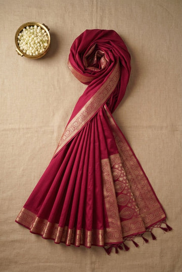 Elegant Crimson Pink Cotton Silk Saree With Intricate Golden Zari Border And Tassels