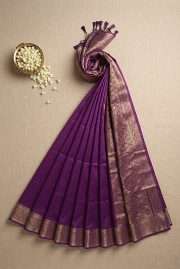 Royal Violet Handwoven Kanchipuram Silk Saree With Ornate Golden Zari Border