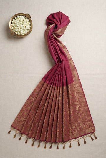Elegant Magenta Chanderi Silk Saree With Rich Golden Zari Border And Pallu