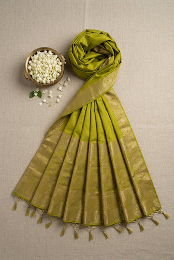Elegant Olive Green Handwoven Silk Cotton Saree With Golden Zari Border