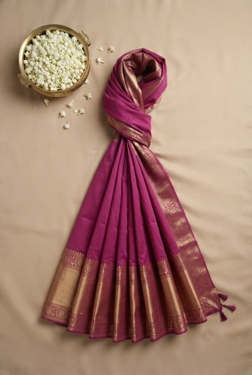 Elegant Magenta Silk Saree With Traditional Gold Zari Border