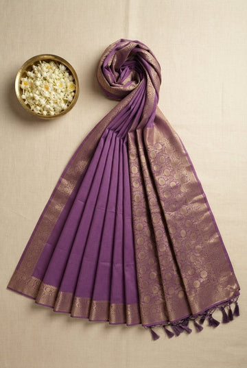 Elegant Mauve Banarasi Silk Saree With Traditional Gold Zari Border And Pallu
