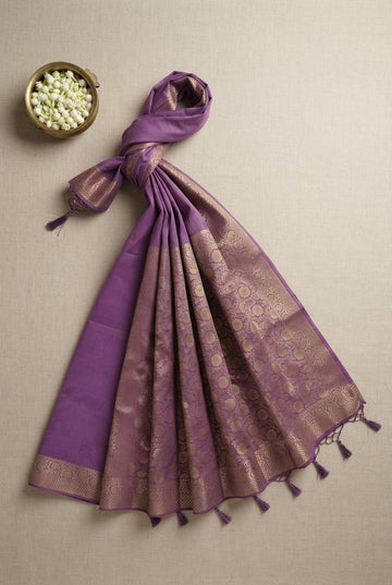 Elegant Mauve Purple Cotton Silk Saree With Rich Golden Zari Border And Pallu